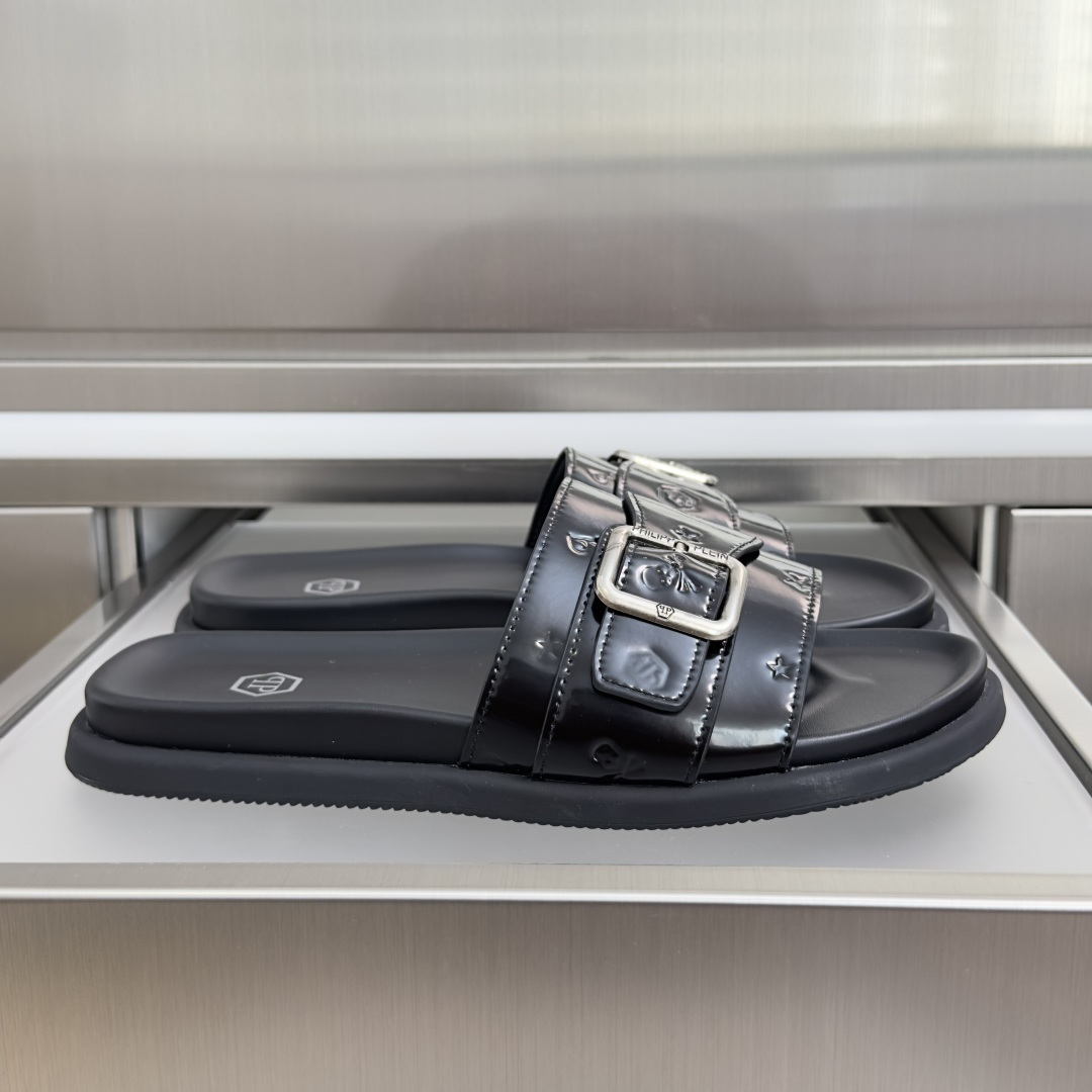 顶级版本：男款Philipp Plein 德国 轻奢 骷髅头 厚底 一字 交叉凉鞋 拖鞋Philipp 
