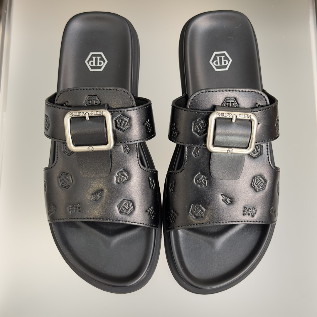 顶级版本：男款Philipp Plein 德国 轻奢 骷髅头 厚底 一字 交叉凉鞋 拖鞋Philipp 