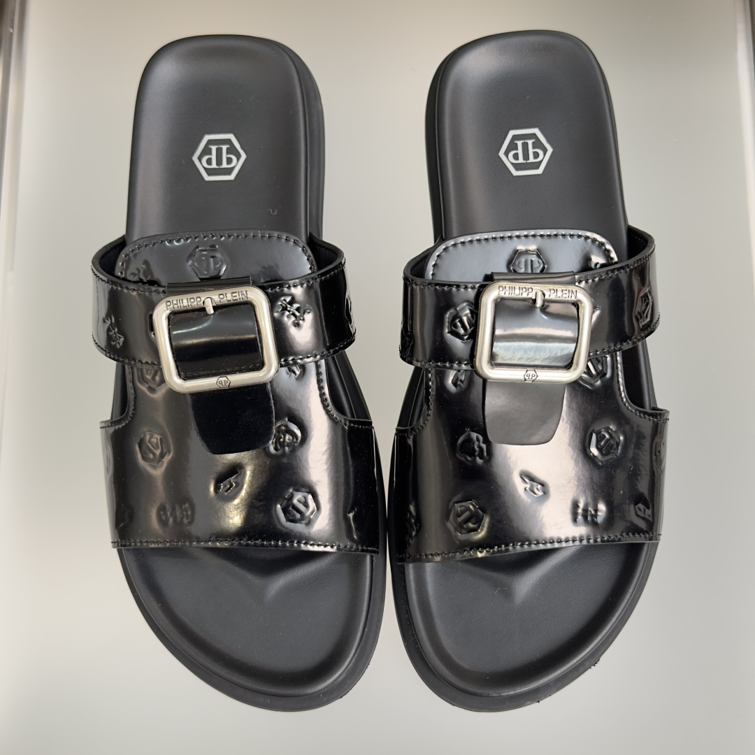 顶级版本：男款Philipp Plein 德国 轻奢 骷髅头 厚底 一字 交叉凉鞋 拖鞋Philipp 