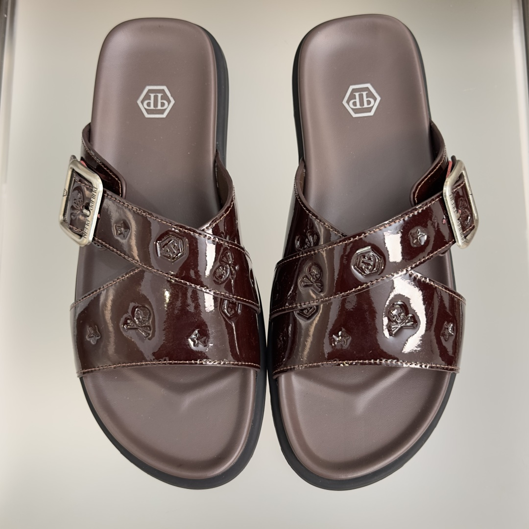 顶级版本：男款Philipp Plein 德国 轻奢 骷髅头 厚底 一字 交叉凉鞋 拖鞋Philipp 