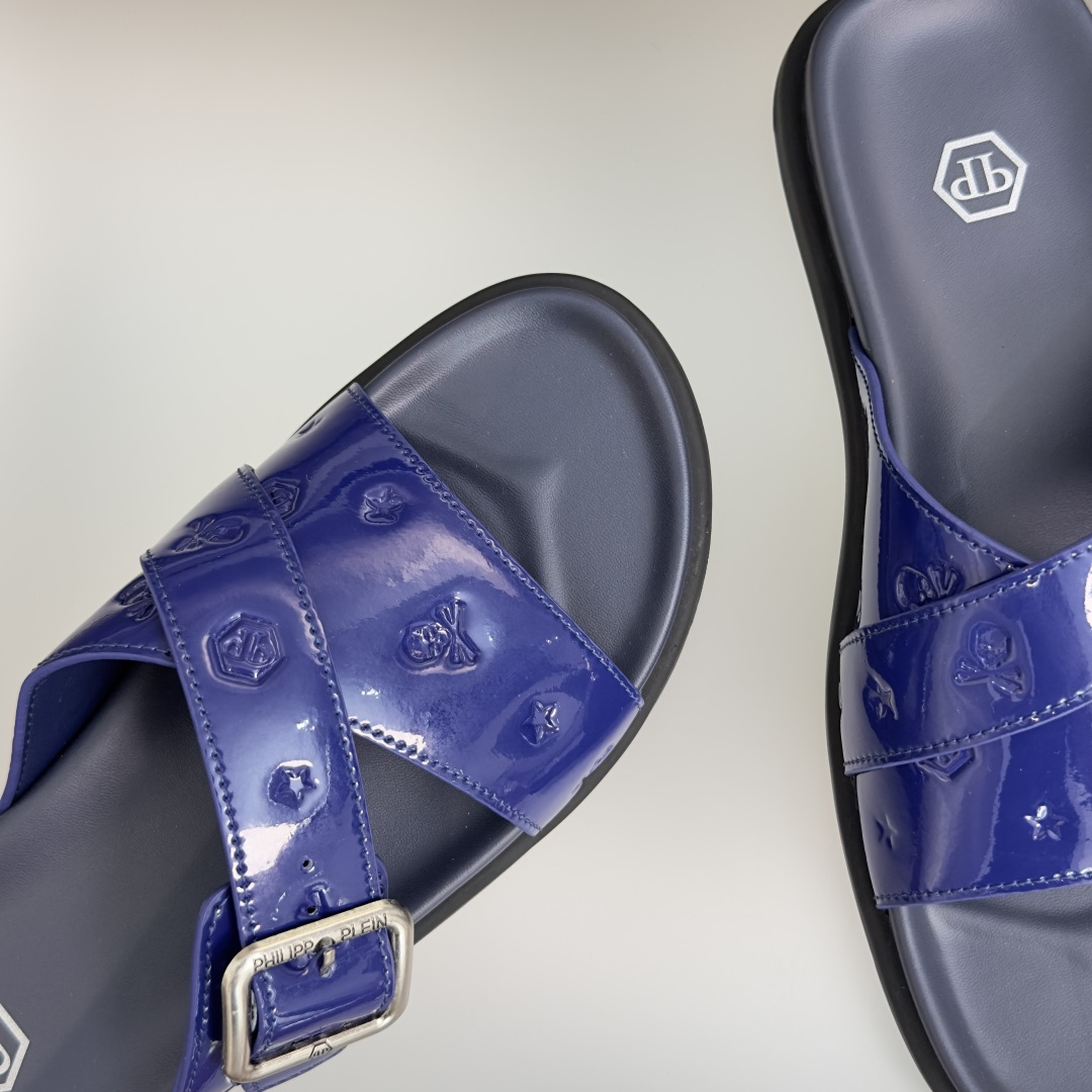 顶级版本：男款Philipp Plein 德国 轻奢 骷髅头 厚底 一字 交叉凉鞋 拖鞋Philipp 