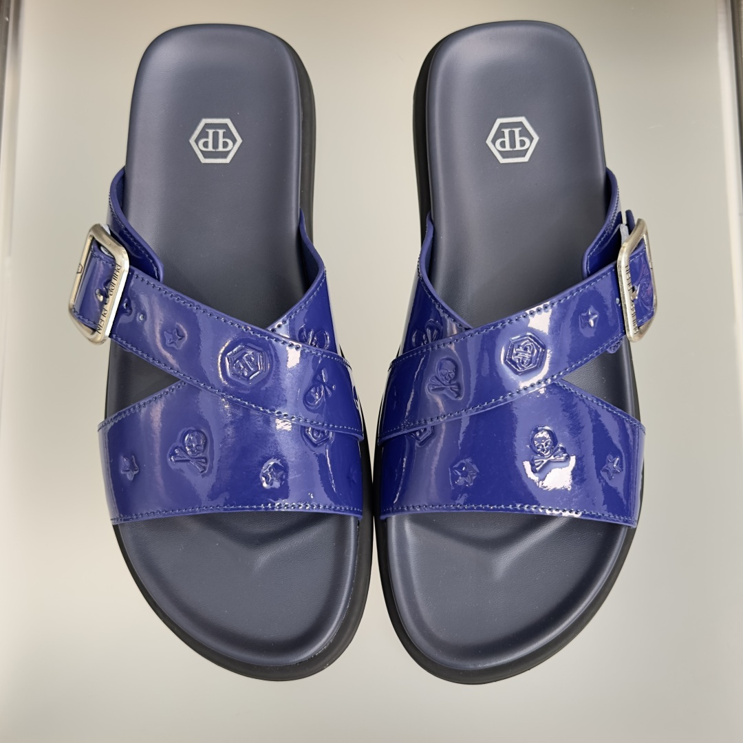 顶级版本：男款Philipp Plein 德国 轻奢 骷髅头 厚底 一字 交叉凉鞋 拖鞋Philipp 