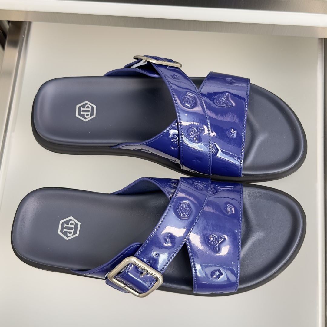 顶级版本：男款Philipp Plein 德国 轻奢 骷髅头 厚底 一字 交叉凉鞋 拖鞋Philipp 