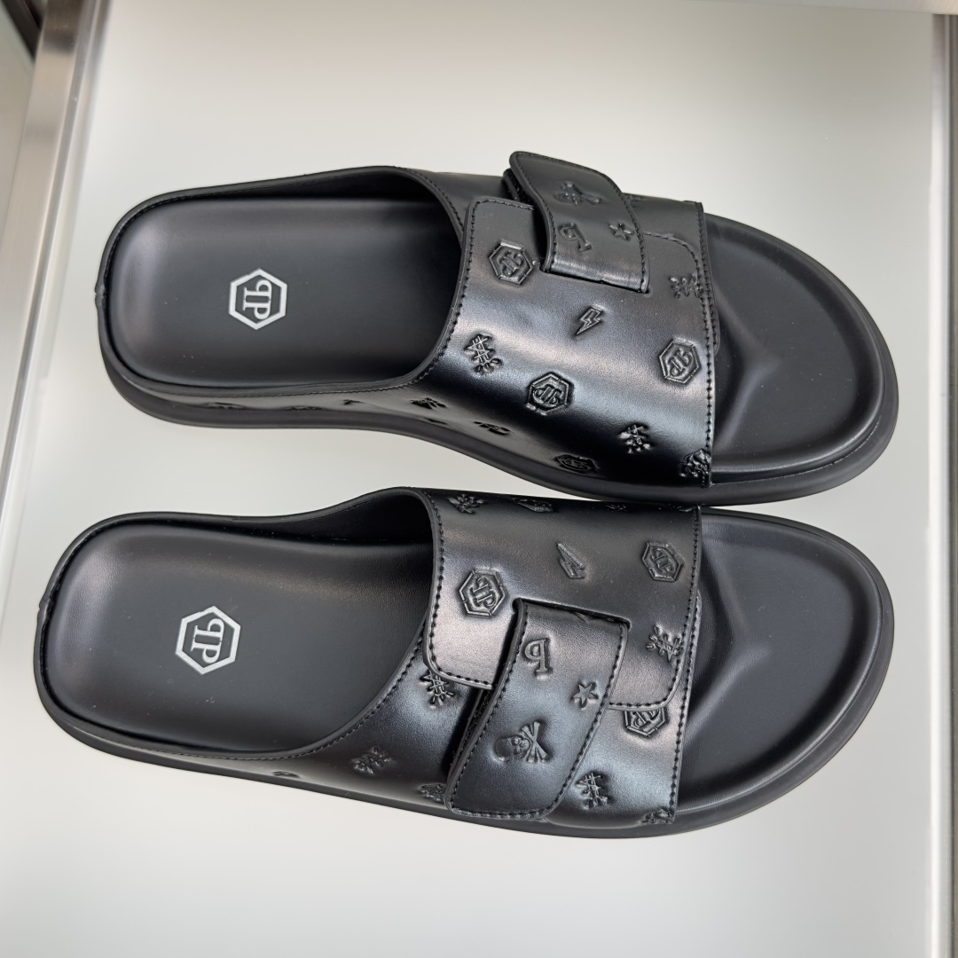 顶级版本：男款Philipp Plein 德国 轻奢 骷髅头 厚底 一字 交叉凉鞋 拖鞋Philipp 