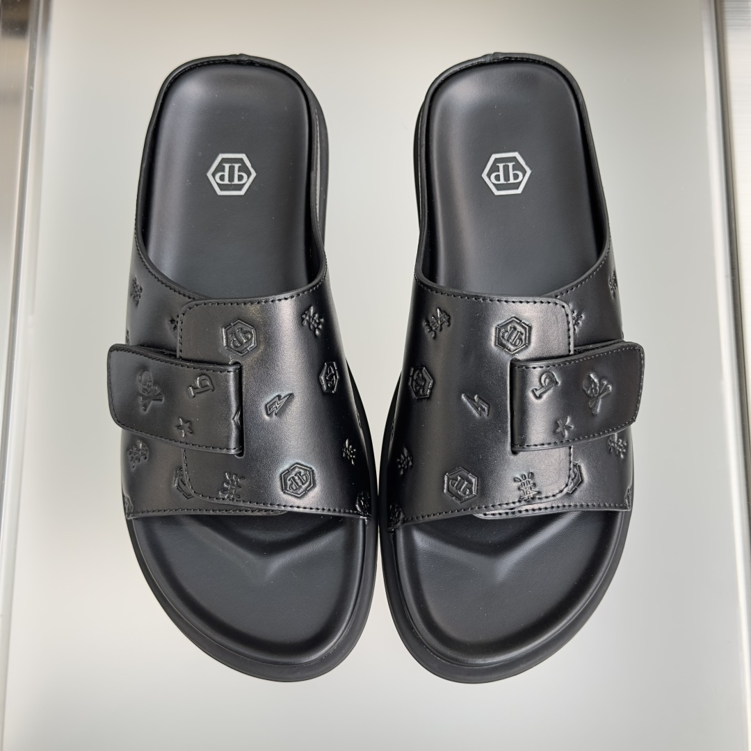 顶级版本：男款Philipp Plein 德国 轻奢 骷髅头 厚底 一字 交叉凉鞋 拖鞋Philipp 