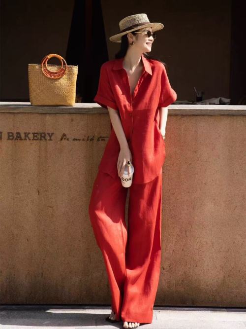 Elegant Linen Two-Piece Set: Shirt and Wide-Leg Pants - Summer Fashion 1 Elegant Linen Two-Piece Set: Shirt and Wide-Leg Pants - Summer Fashion