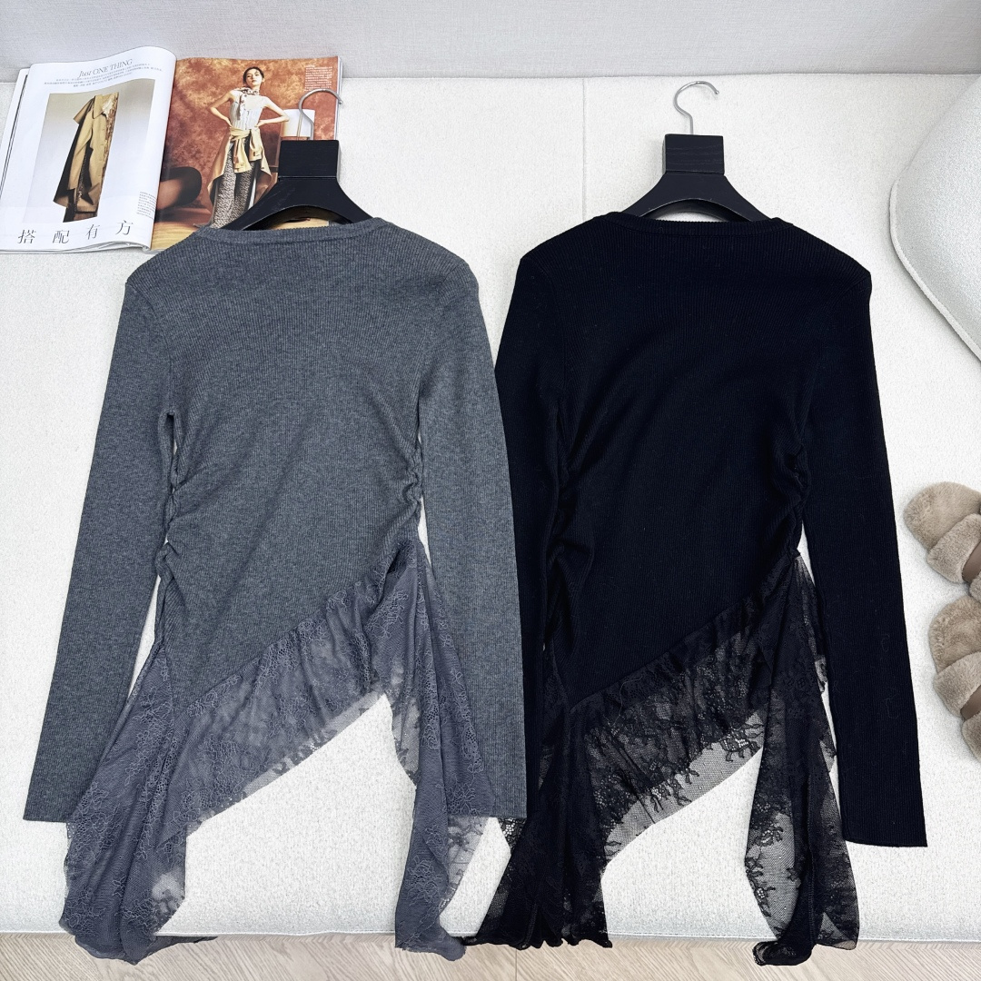 Miu 25Ss————秋冬最新款拼接蕾丝做法长袖针织衫🩶高级感单品 进口机工艺 舒适不易变形 单穿打底