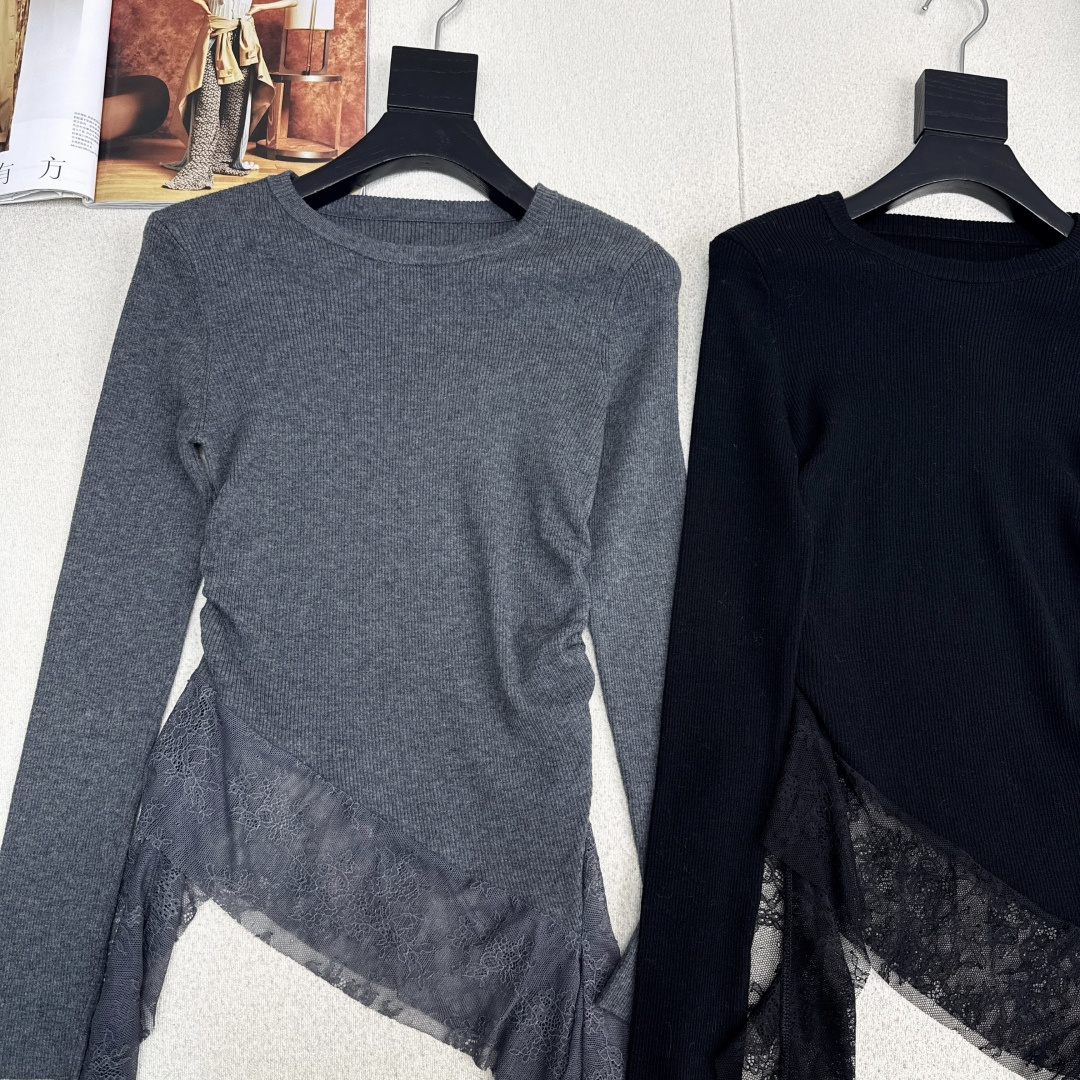 Miu 25Ss————秋冬最新款拼接蕾丝做法长袖针织衫🩶高级感单品 进口机工艺 舒适不易变形 单穿打底