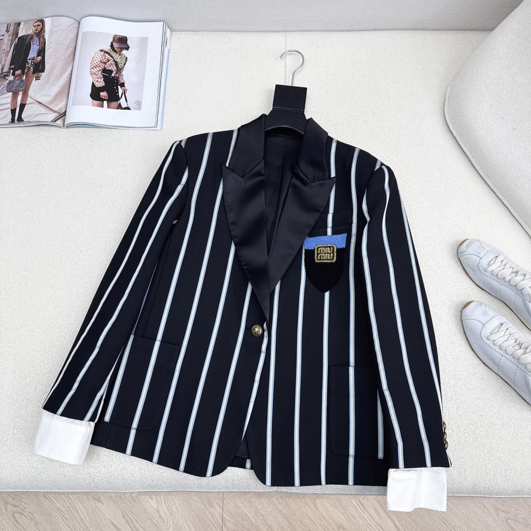 Miu Miu Striped Wool Blazer, Single-Button Closure, and Logo Patch 1 cmp i1758824418918 242 0 0