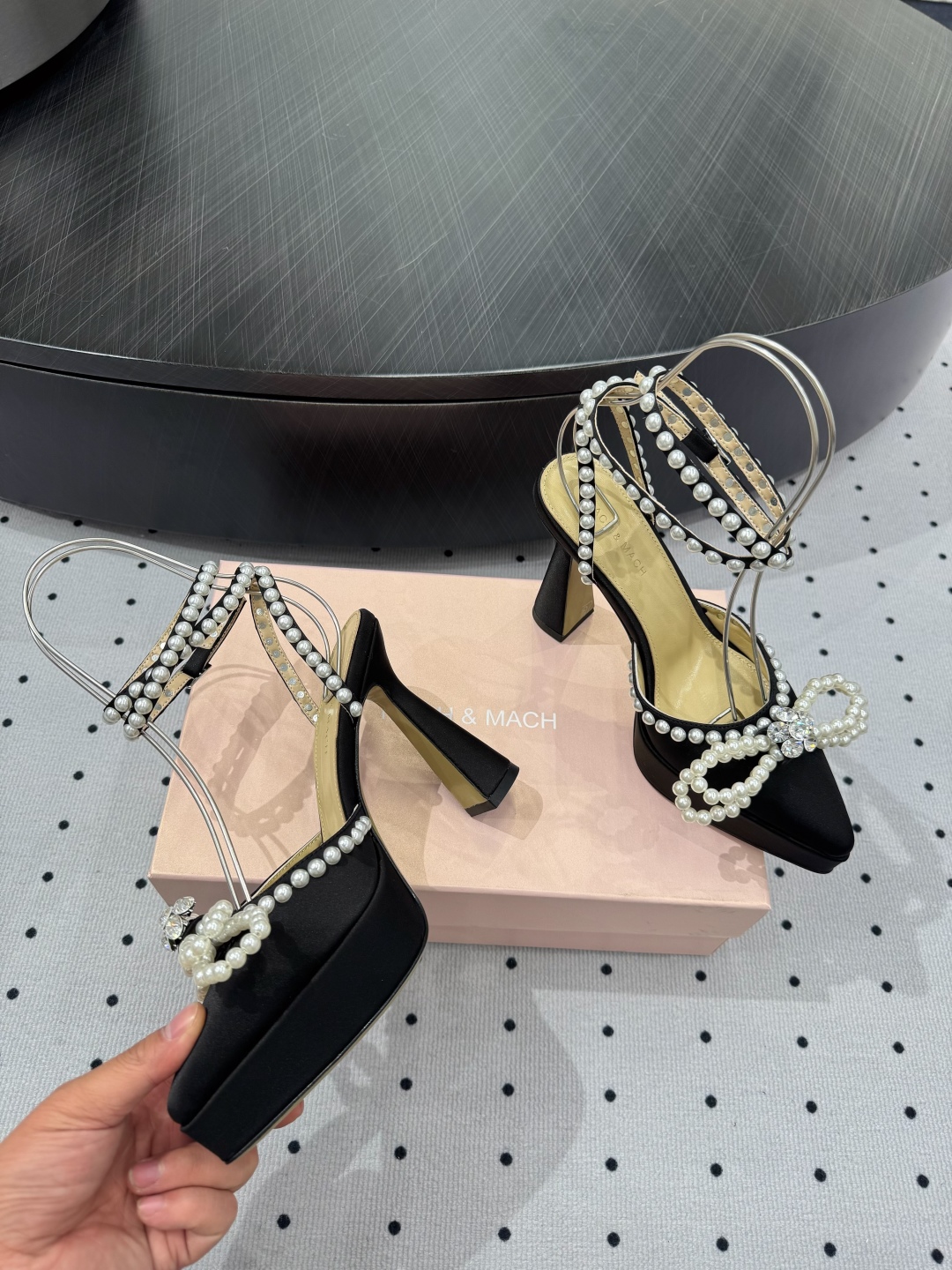 MACH&MACH Women's Black Silk Blend Pearl Embellished Platform Heels 9 cmp i1742452559213 9650 0 7