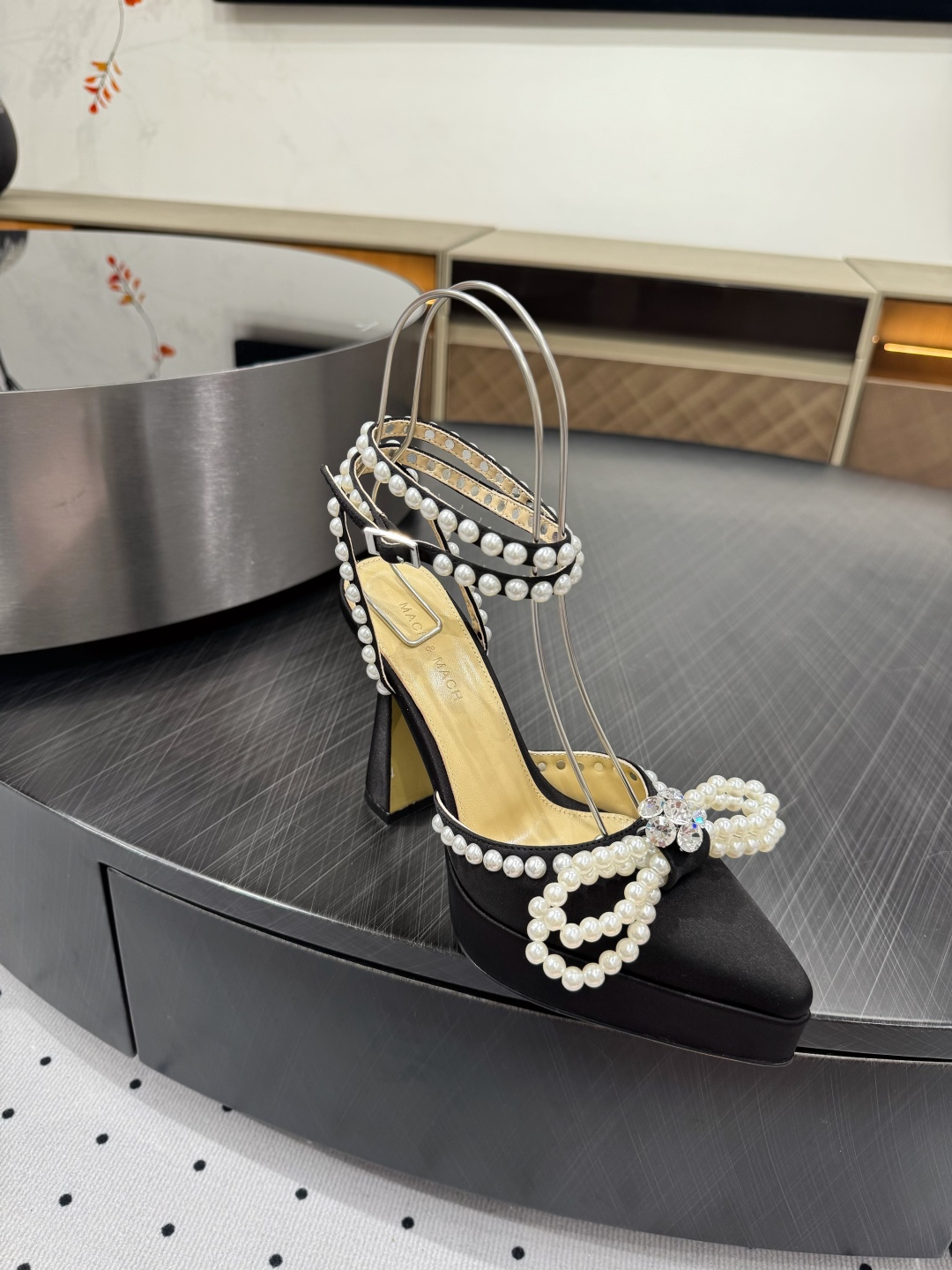 MACH&MACH Women's Black Silk Blend Pearl Embellished Platform Heels 1 MACH&MACH Women's Black Silk Blend Pearl Embellished Platform Heels