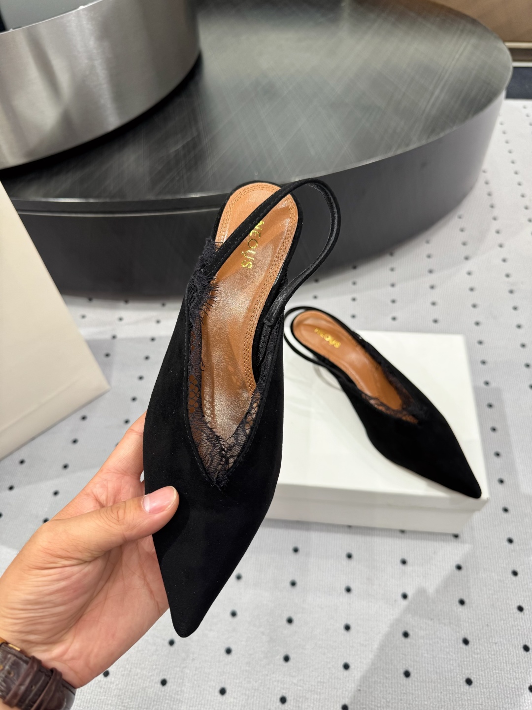 Neous Women's Black Leather Slingback Heels with Lace Trim Pointed Toe 6 cmp i1745120505629 2299 0 4
