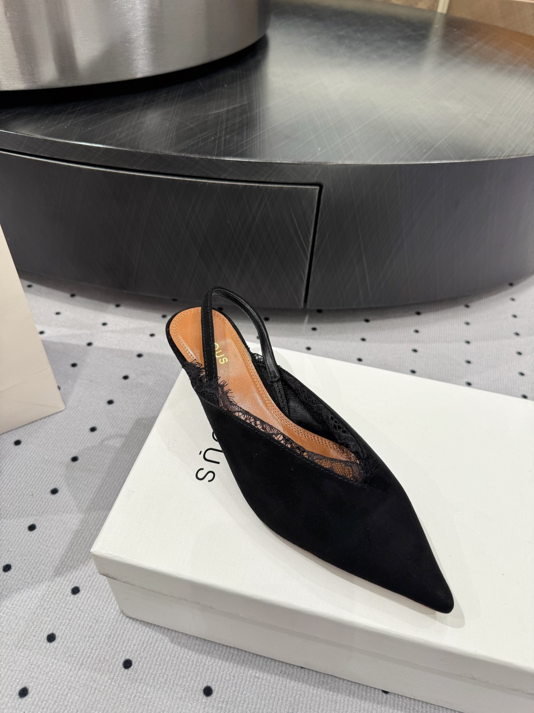 Neous Women's Black Leather Slingback Heels with Lace Trim Pointed Toe 9 cmp i1745120505629 9429 0 7