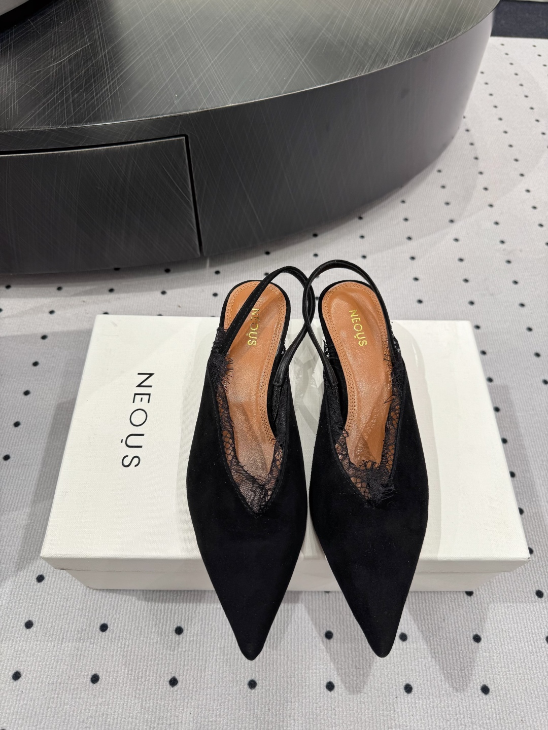Neous Women's Black Leather Slingback Heels with Lace Trim Pointed Toe 3 cmp i1745120505639 8804 0 0