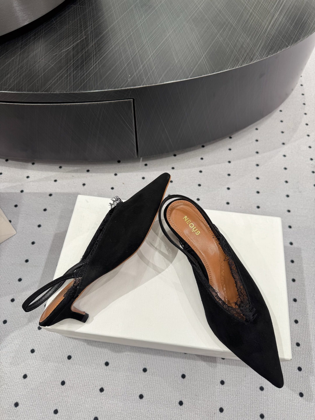 Neous Women's Black Leather Slingback Heels with Lace Trim Pointed Toe 8 cmp i1745120507953 7445 0 6