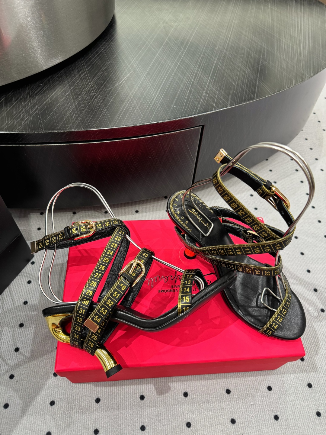 Elsa Schiaparelli Black Leather Heeled Sandals with Measuring Tape Detail 1 Elsa Schiaparelli Black Leather Heeled Sandals with Measuring Tape Detail