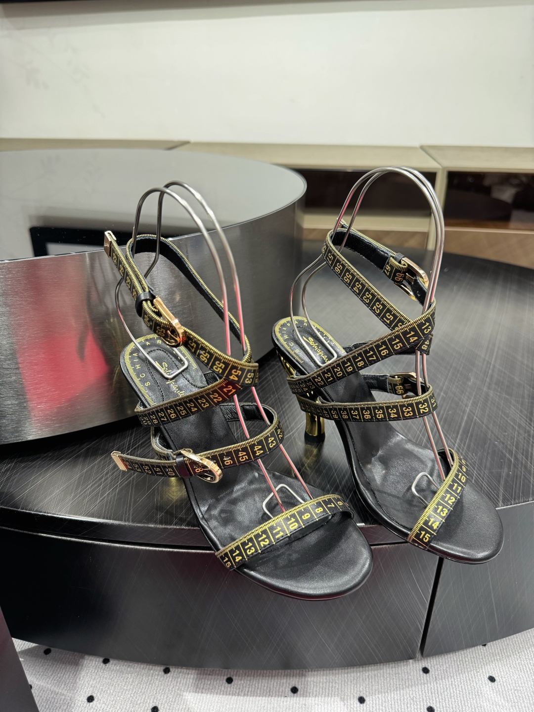 Elsa Schiaparelli Black Leather Heeled Sandals with Measuring Tape Detail 10 cmp i1745388327190 574 0 8