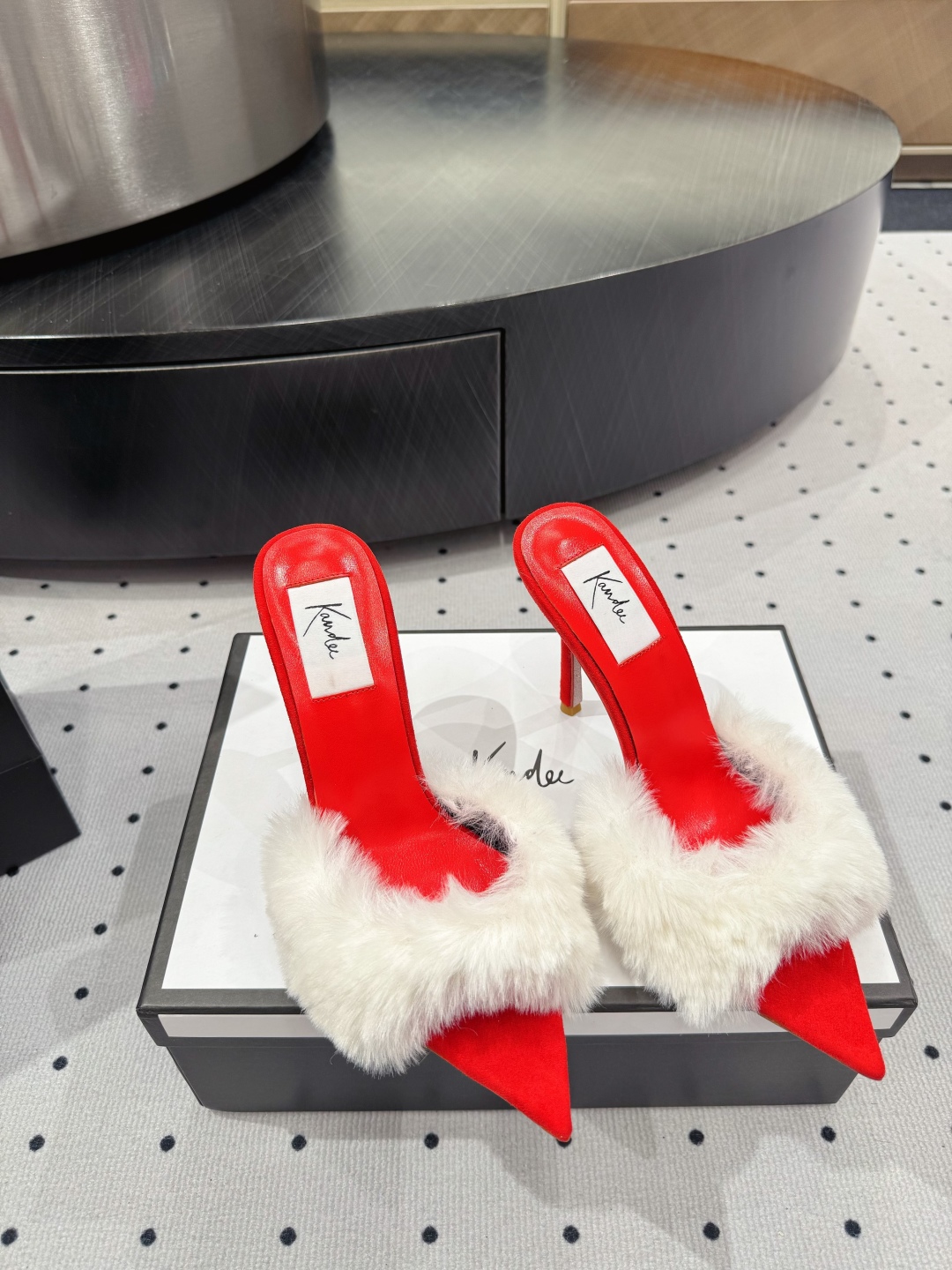 Kandee Red Furry Heeled Sandals, Genuine Leather Outsole, Heel Height 9 cm 4 cmp i1745390684895 7223 0 1