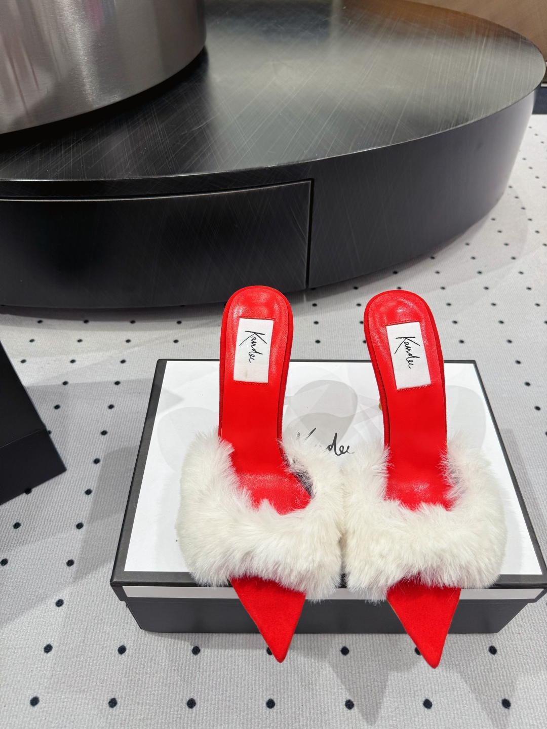 Kandee Red Furry Heeled Sandals, Genuine Leather Outsole, Heel Height 9 cm 3 cmp i1745390684911 6783 0 0