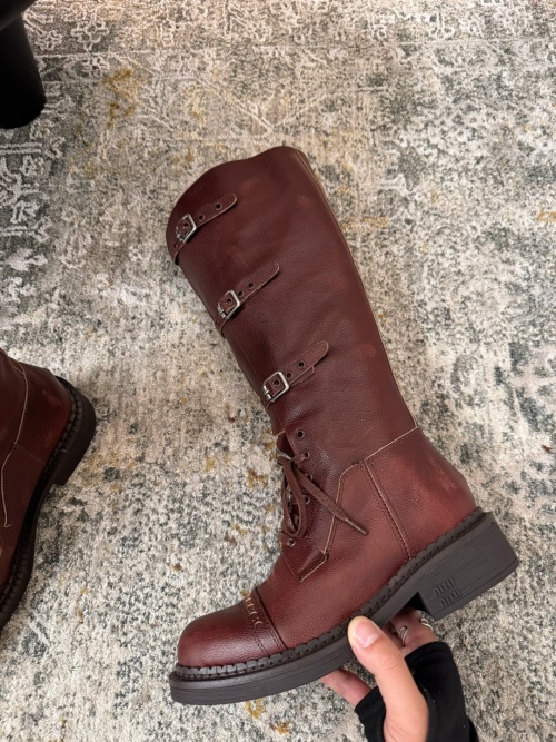 Miu Miu Women's Leather Knee-High Motorcycle Boots with Buckle Detail 1 Miu Miu Women's Leather Knee-High Motorcycle Boots with Buckle Detail