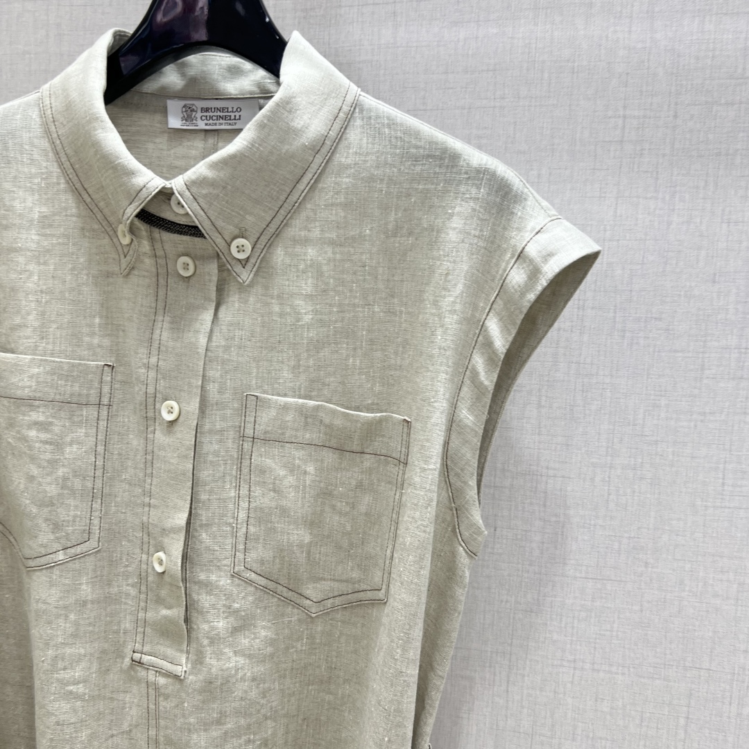 Sleeveless Linen Dress with Button and Beaded Detail, Matching Belt Included 5 cmp i1750959658627 126 0 3