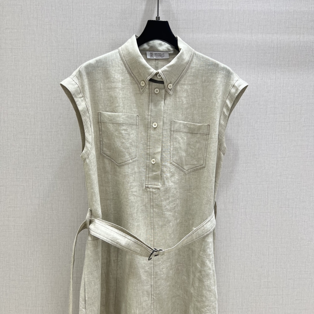 Sleeveless Linen Dress with Button and Beaded Detail, Matching Belt Included 6 cmp i1750959658628 6814 0 4