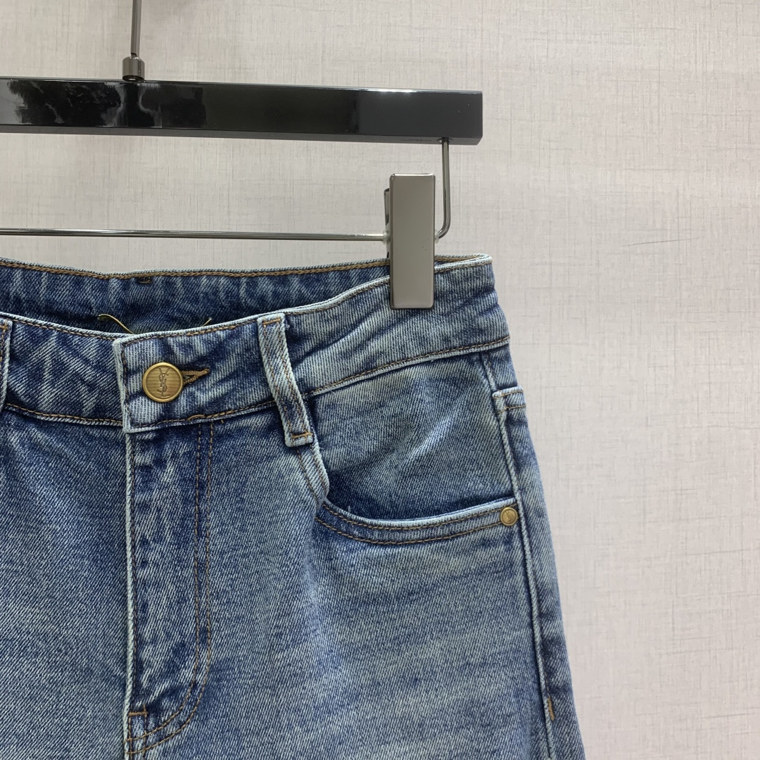 생로랑 로고 자수 백 포켓 크롭 진 바지 103474 이미지 3