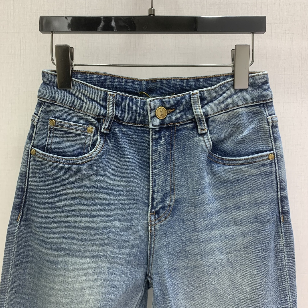 생로랑 로고 자수 백 포켓 크롭 진 바지 103474 이미지 4