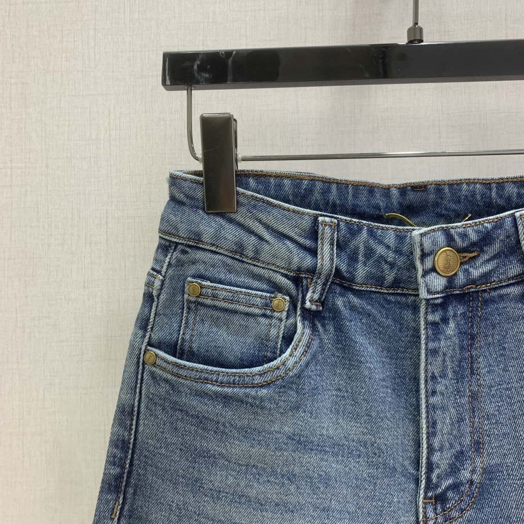 생로랑 로고 자수 백 포켓 크롭 진 바지 103474 이미지 2