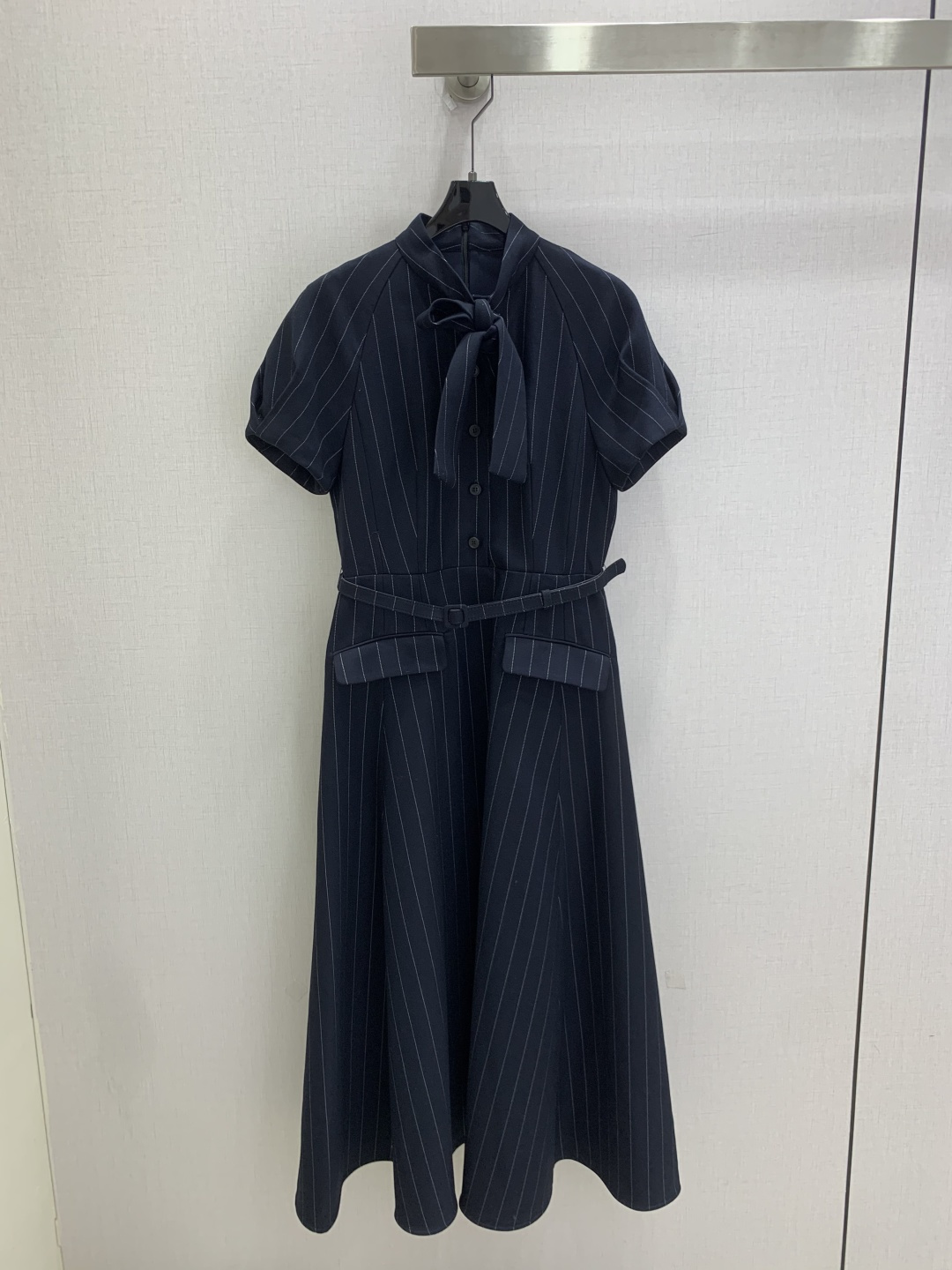 Dior Navy Pinstripe Tie Neck Dress