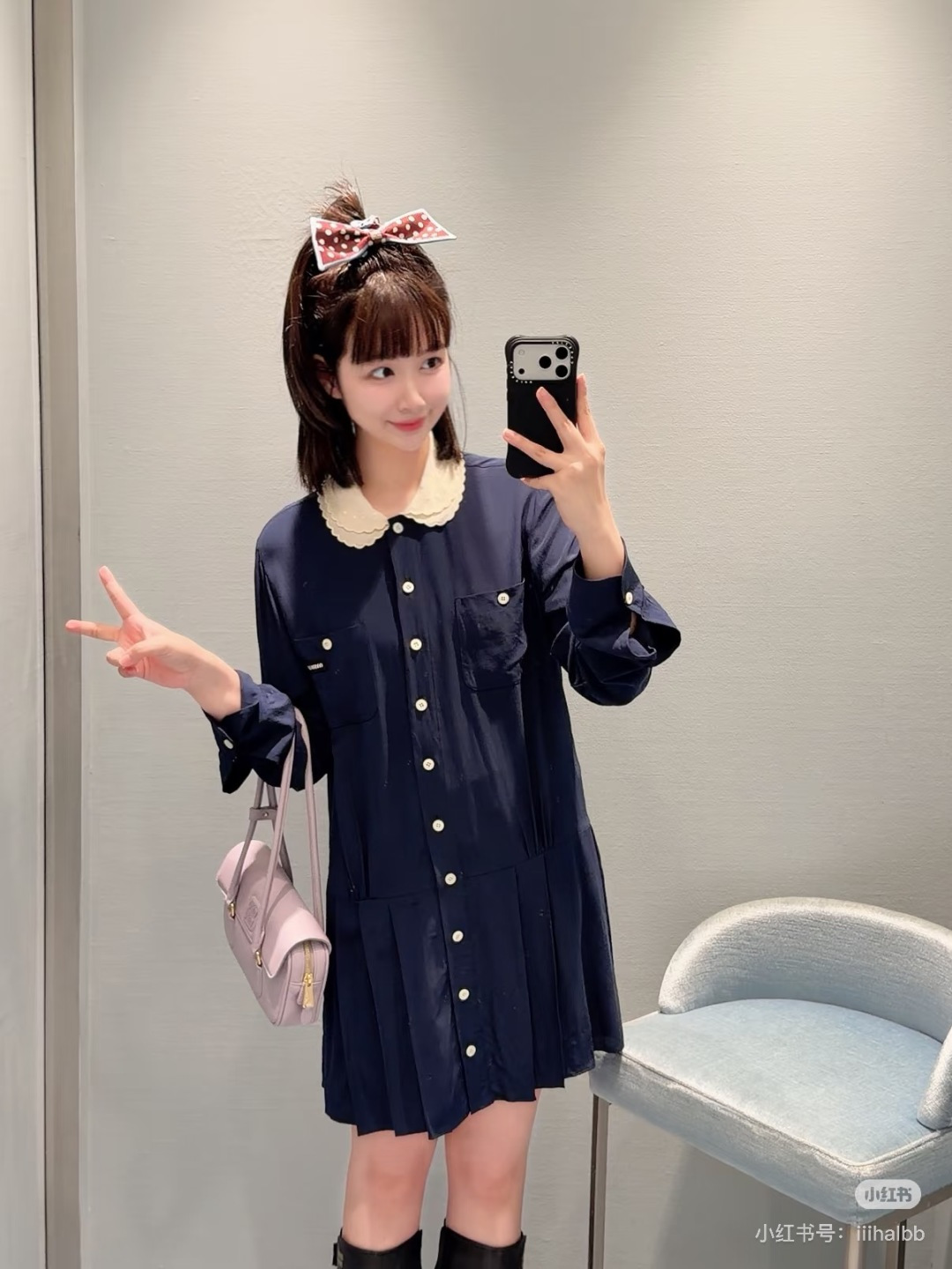 미우미우 다크블루 피터팬카라 레이스 셔츠 원피스 상세 이미지 3