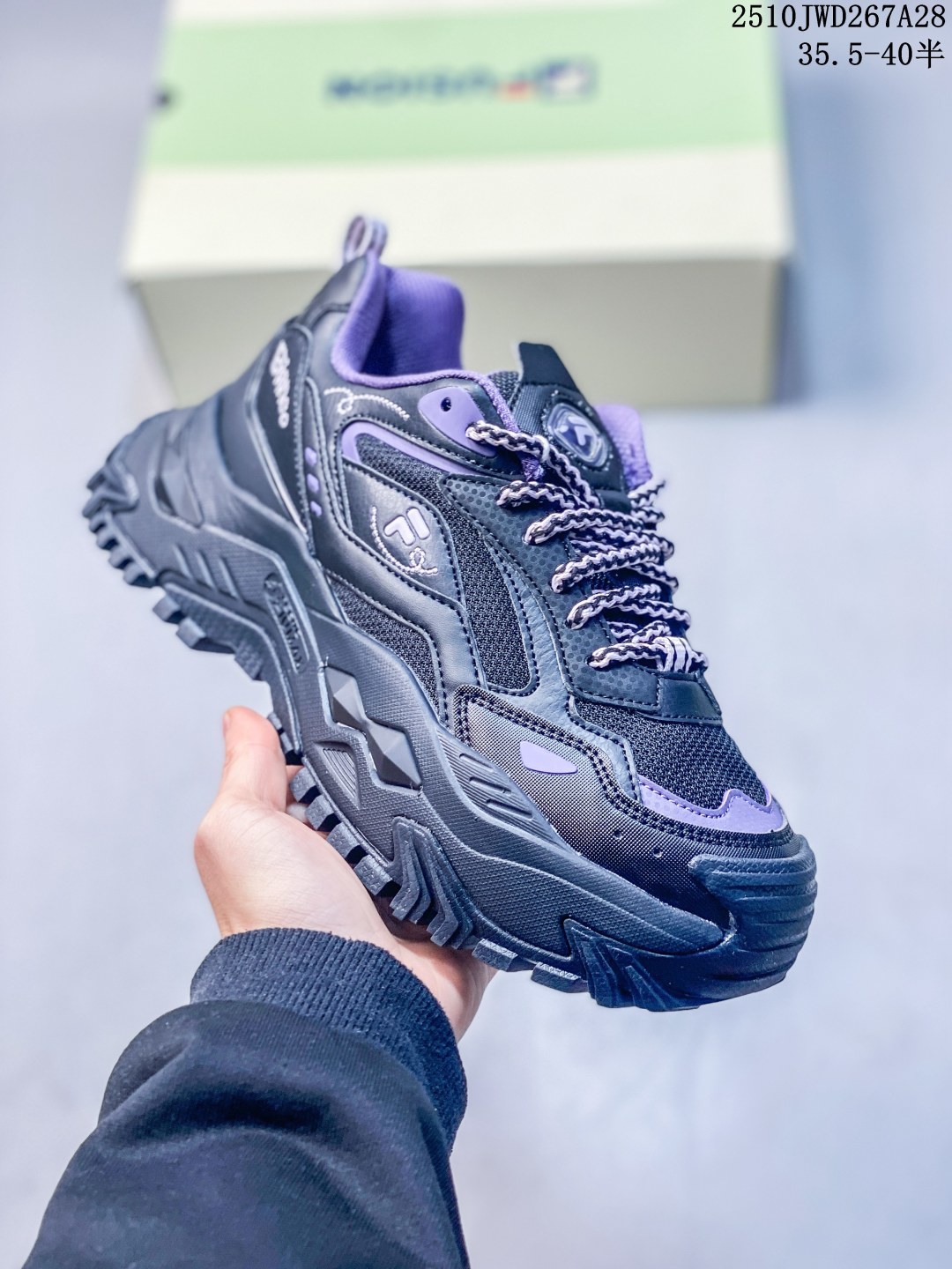 💰220。纯原 FILA FUSION斐乐潮牌 BIANCO DX SO硬糖鞋 南方版 潮流运动厚底 增高 低帮 生活休闲鞋 女款 黑紫 10JWD267A27