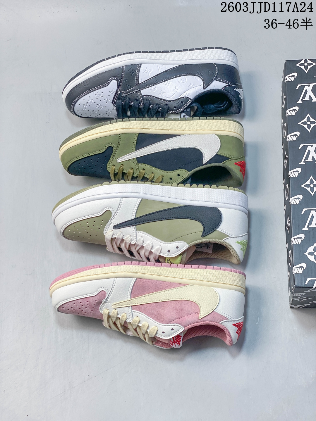 Travis Scott x Air Jordan 1 Low Golf 低帮 高尔夫棕白 AJ1 乔丹1代 aj1 sB乔1 低邦 高尔夫绿白黑 乔丹篮球鞋系列 鞋采用优质麂皮、皮革与网眼共同打造出标志型鞋身轮廓,在设计上十分讲究,同时注入「Neutral Olive」橄榄绿配色作为基底,外加白色覆盖层,侧身加缀有黑色倒钩Swoosh,个性满满,鞋舌上还点缀有浅柠檬色Jumpman Golf Logo最后以白色中底与橄榄绿大底完成收尾设计. 货号:FZ3124-200 JJD117A24