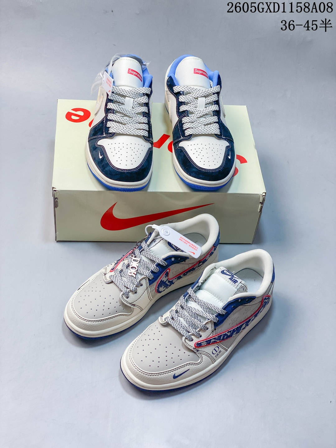 潮搭利器 颜值炸裂 AIR JORDAN 1,AJ1低帮爆款配色强势上新,黑白蓝撞色吸睛又潮流,翻毛皮拼接光面皮革质感出众,Supreme标识加持潮流属性拉满,经典鞋型修饰脚型超显瘦,舒适缓震脚感久穿不累,日常出街、潮流穿搭都适配,轻松解锁多样时髦造型! 货号:XX3318-501 GXD1158A08