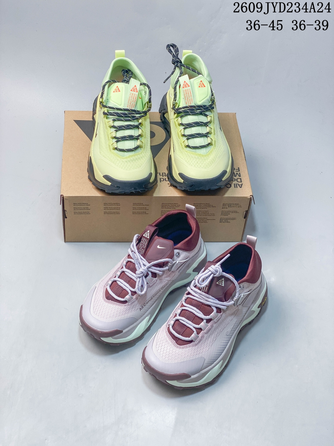 Nike ACG 浅紫酒红中帮徒步鞋，户外出行神器！ ▫️耐磨织物鞋面，兼顾透气与防泼溅，应对户外多变环境 ▫️Vibram 锯齿防滑大底，抓地力强，山路、湿滑路面都稳 ▫️中帮包裹脚踝，保护脚部，减少崴脚风险，鞋身撞色高耐看 ▫️加固鞋头设计，抗磕碰，城市通勤、爬山露营都适配 女生户外首选 09JYD234A24 image 1