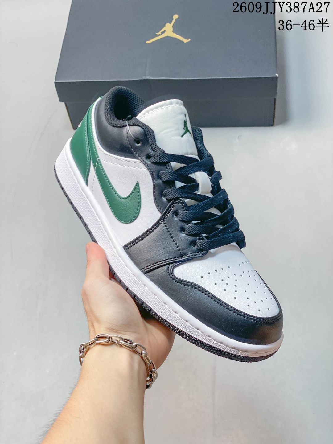 Air Jordan 1 Low 黑绿低帮板鞋 经典黑白绿撞色，复古耐看，上脚自带清爽氛围感 优质皮革鞋面，质感在线，好打理不易变形 低帮版型，不挑腿型，日常穿搭无压力 内置缓震，脚感舒适，出街通勤都合适 ，36-46 半 百搭神器，牛仔裤、运动裤随便搭，潮人必备款 实拍无滤镜，供应，喜欢直接入手 09JJY387A27 image 1