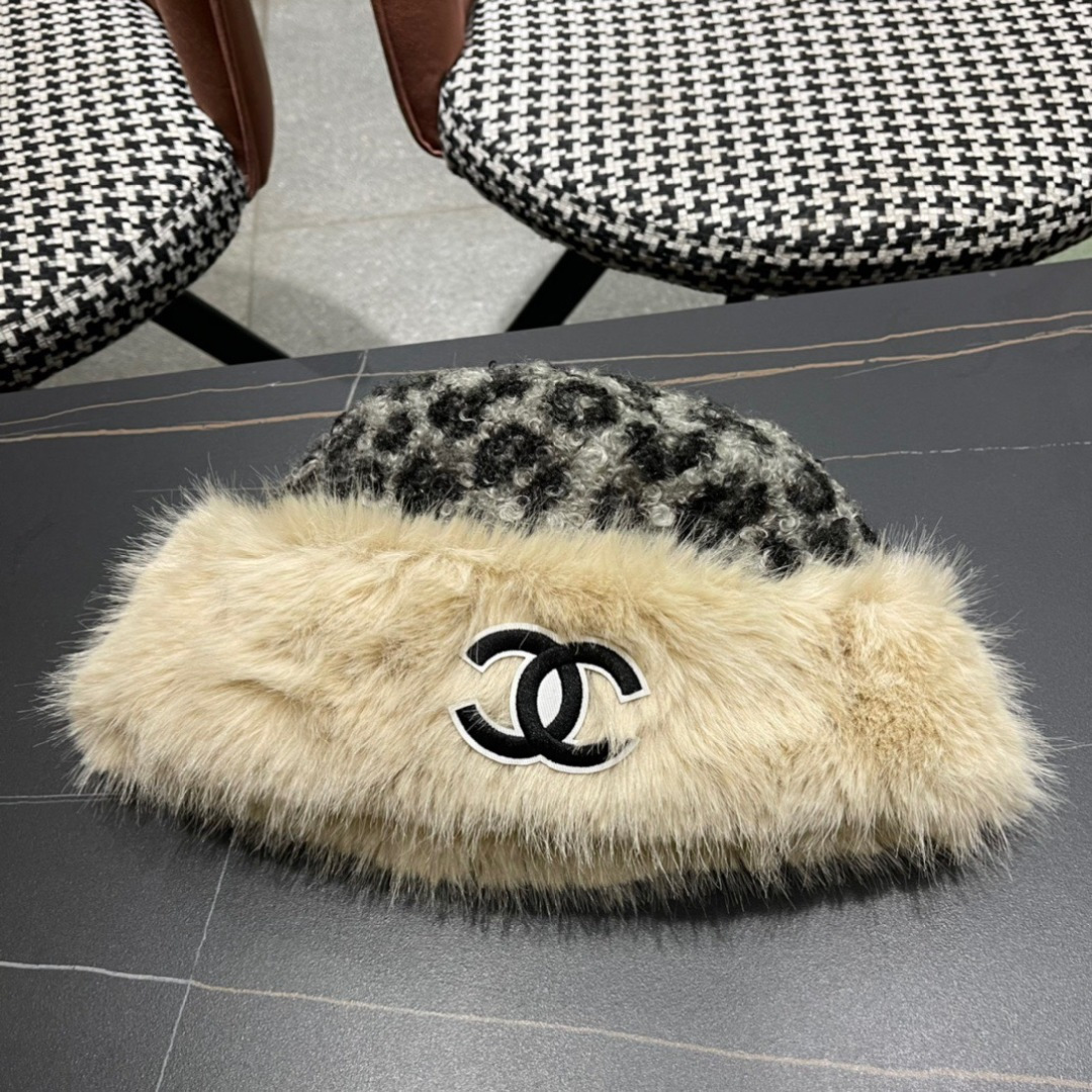 Chanel香奈儿新款复古花豹纹防貂毛边渔夫帽，轻奢风，秋冬最佳搭配