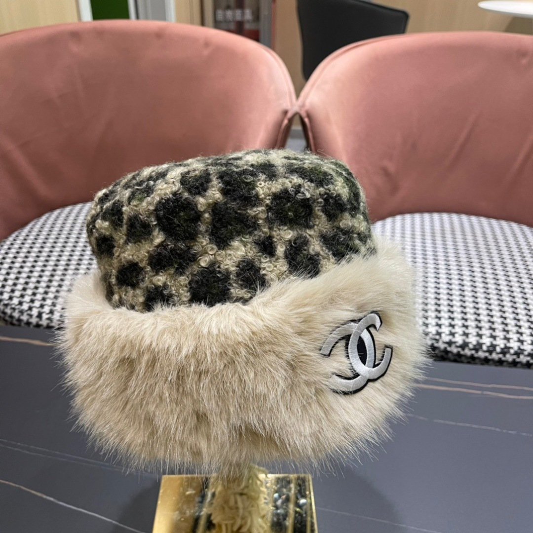 Chanel香奈儿新款复古花豹纹防貂毛边渔夫帽，轻奢风，秋冬最佳搭配