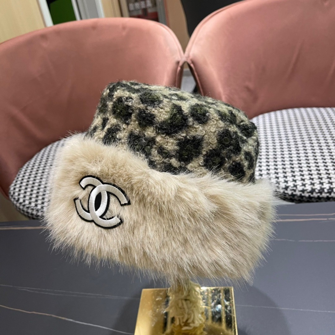 Chanel香奈儿新款复古花豹纹防貂毛边渔夫帽，轻奢风，秋冬最佳搭配