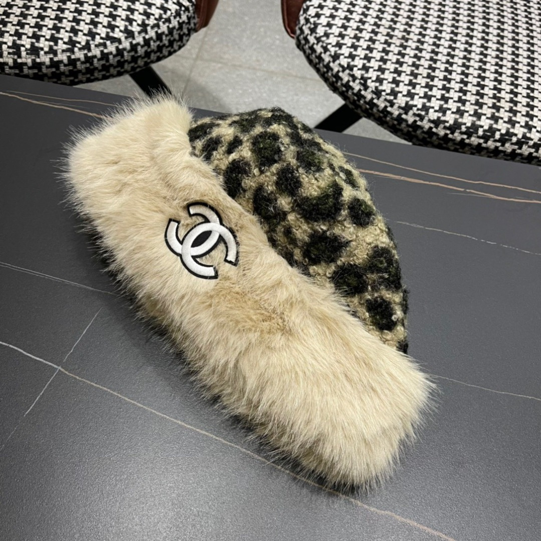 Chanel香奈儿新款复古花豹纹防貂毛边渔夫帽，轻奢风，秋冬最佳搭配