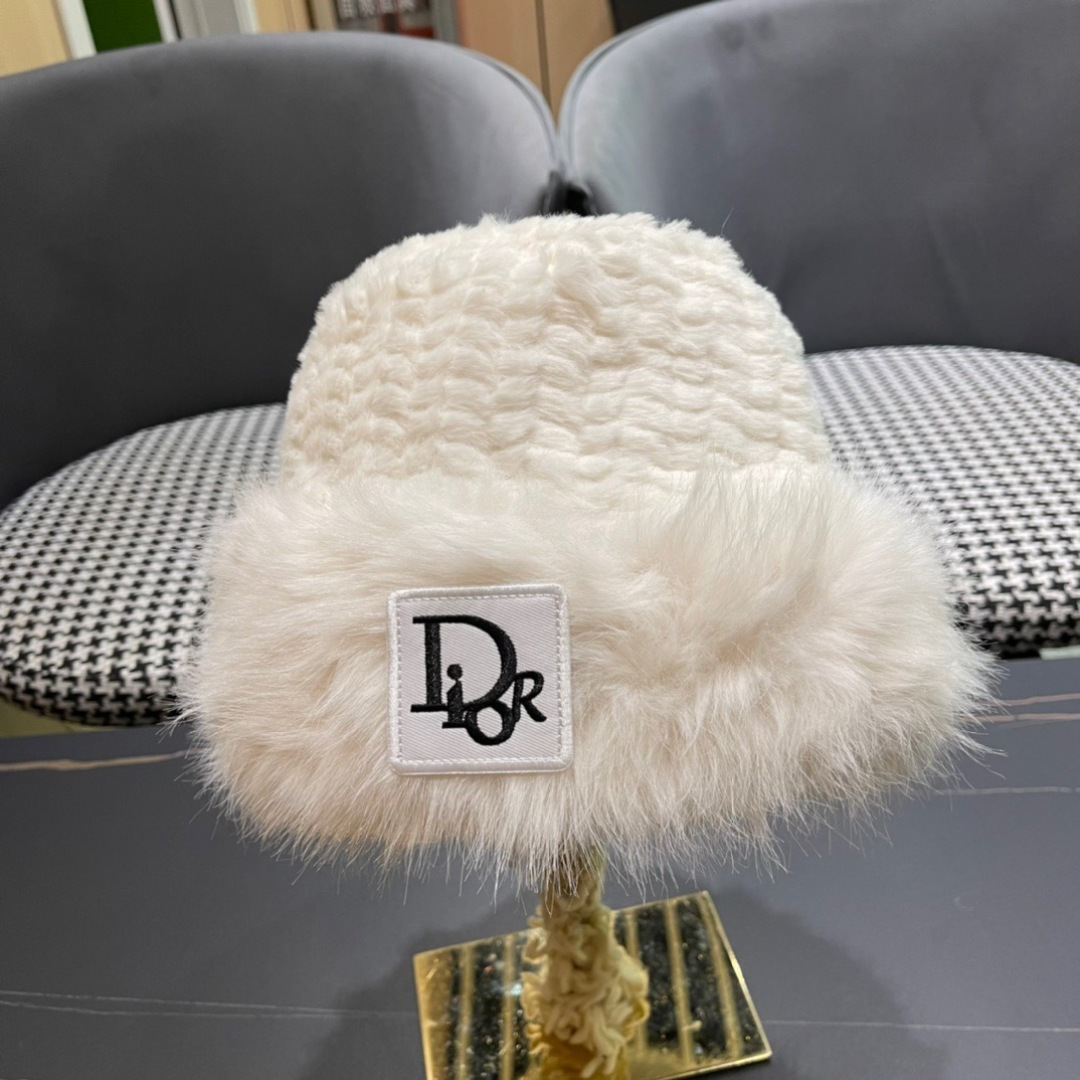 DIOR迪奥韩版2024毛绒边渔夫帽女秋冬季保暖显脸小盆帽户外百搭针织毛线渔夫帽