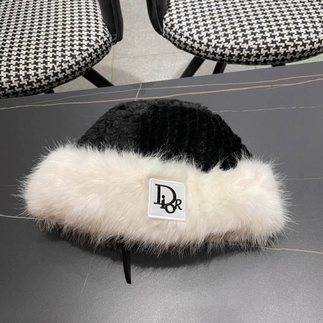 DIOR迪奥韩版2024毛绒边渔夫帽女秋冬季保暖显脸小盆帽户外百搭针织毛线渔夫帽