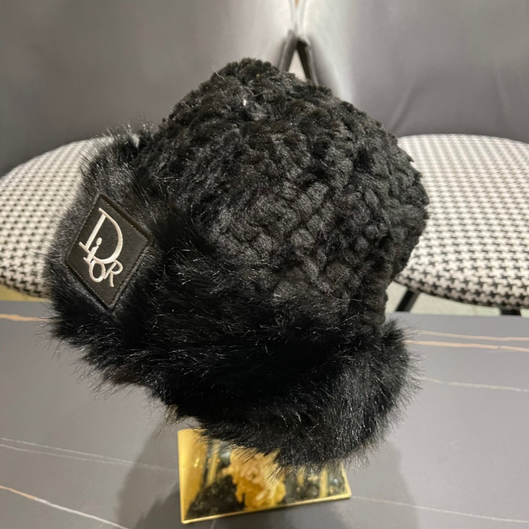 DIOR迪奥韩版2024毛绒边渔夫帽女秋冬季保暖显脸小盆帽户外百搭针织毛线渔夫帽