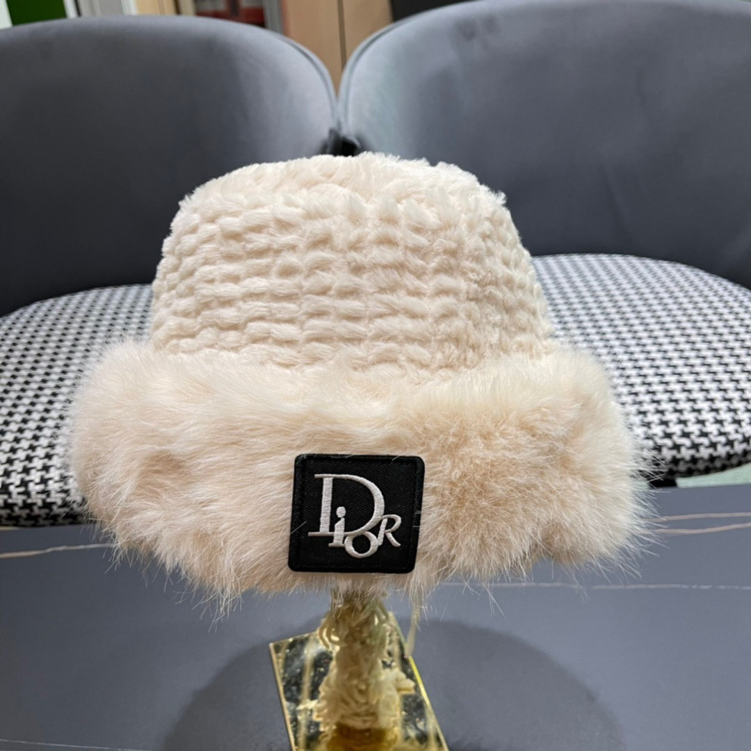 DIOR迪奥韩版2024毛绒边渔夫帽女秋冬季保暖显脸小盆帽户外百搭针织毛线渔夫帽