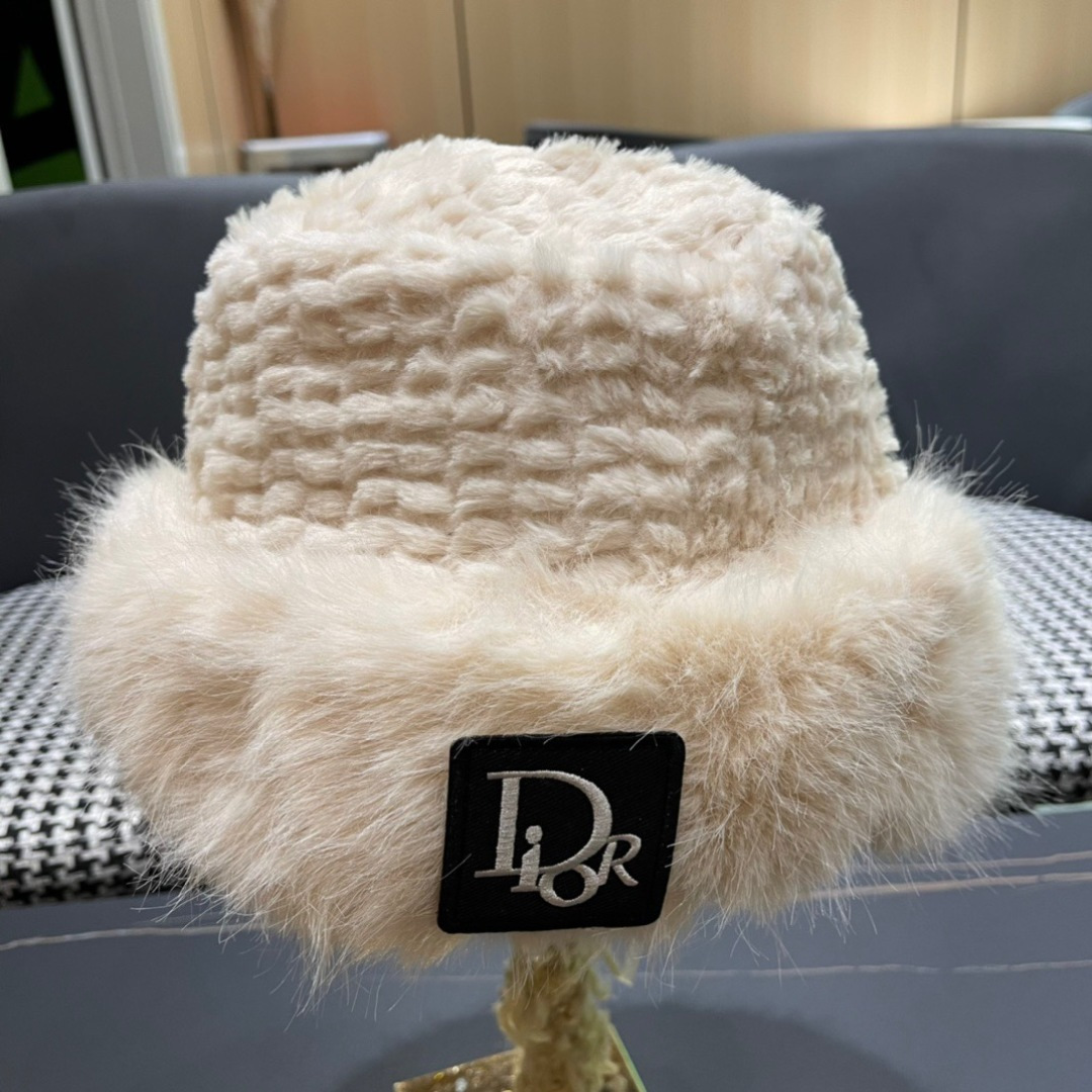DIOR迪奥韩版2024毛绒边渔夫帽女秋冬季保暖显脸小盆帽户外百搭针织毛线渔夫帽
