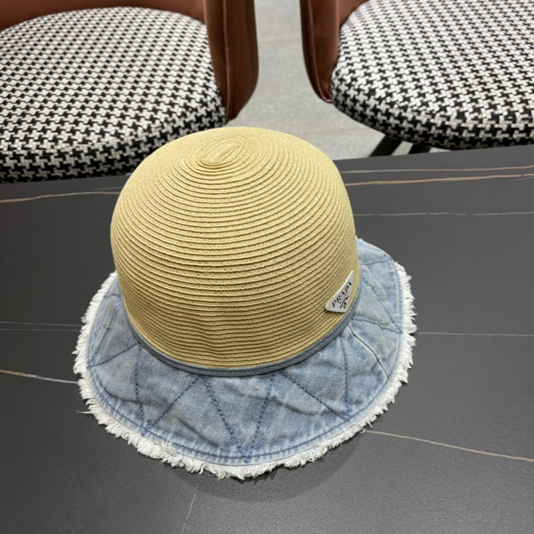  PRADA普拉达 拼色渔夫帽女春夏季出游逛街休闲百搭盆帽宽檐显脸小可折叠潮