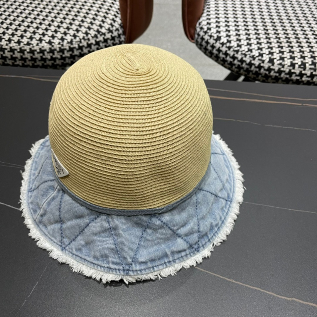  PRADA普拉达 拼色渔夫帽女春夏季出游逛街休闲百搭盆帽宽檐显脸小可折叠潮