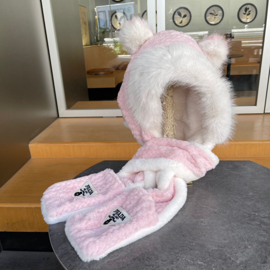 Prada 2024 Autumn/Winter Warm-Floated Cap Gloves Set - 图片 2