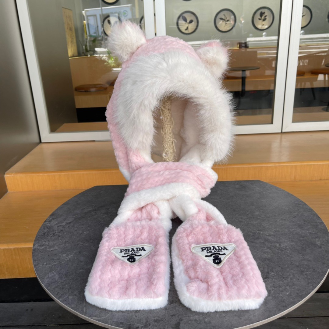 Prada 2024 Autumn/Winter Warm-Floated Cap Gloves Set - 图片 1