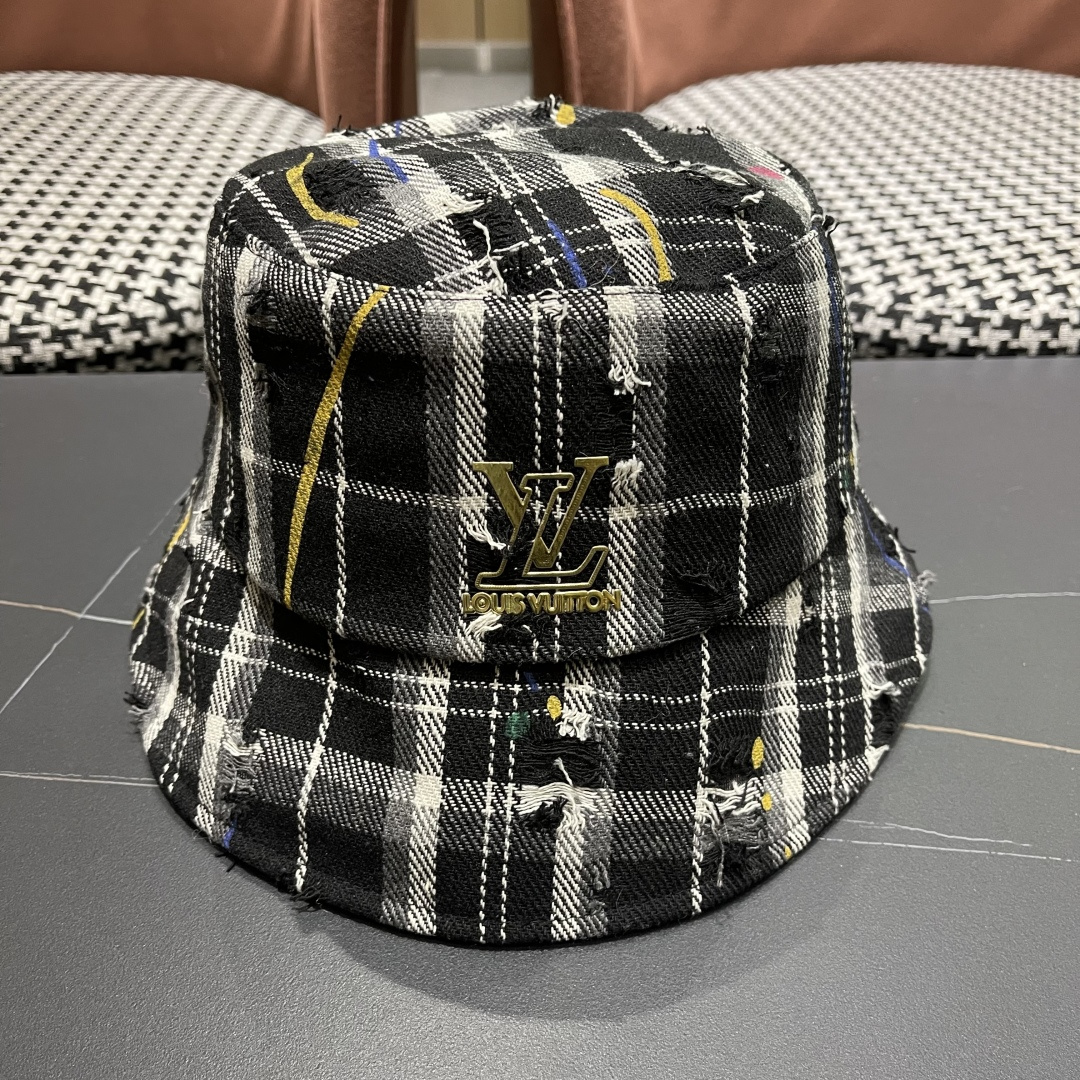 lv路易威登韩版破洞格纹渔夫鞋，女休闲百搭显脸小盆帽